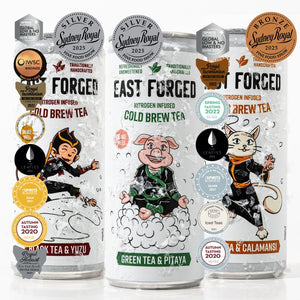 Three packages of 'Forged' cold brew tea with cartoon characters and various awards on a white background.